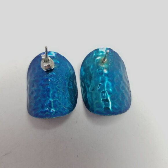 Vintage Funky Striped Blue Enamel Stud Earrings, Curved Design, Retro 80s Style - Picture 3 of 6
